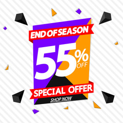 Sale 55% off, special offer, banner design template, discount tag, app icon, end of season, vector illustration
