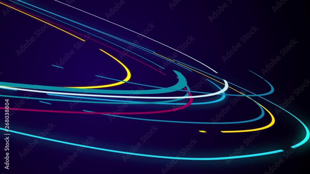 Poster background animation of flowing streaks of light. abstract blue and red lines on dark background.