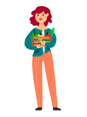 Funny girl is holding a box with fruits, vegetables and herbs. Vector illustration in cartoon style on a white background.