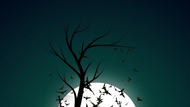 Animated cartoon Halloween background bat and moon with alpha mask