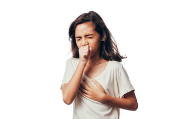 Cute little girl is coughing, on white background