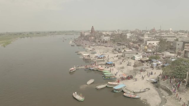 Keshi ghat in Vrindavan, India, 4k aerial drone ungraded