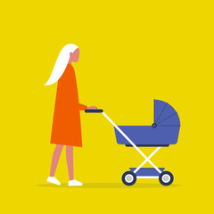 Baby carriage. Pram. Young female character walking with a stroller. Modern parenthood. Flat editable vector illustration, clip art