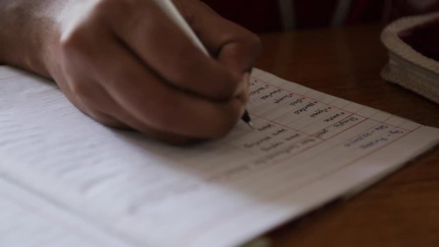 Handheld, close up shot of a hand writing in a notebook. The hand then turns a page.