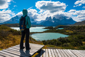 Woman hiker stands on the wooden walkway and enjoys spectacular view of the Torres del Paine National Park with its blue lake of Pehoe and snow capped mountains of Cordillera Paine