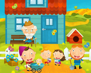 cartoon rural scene with farm and villagers near the house - illustration for children - obrazy, fototapety, plakaty