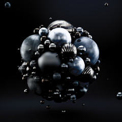 Black abstract background with geometric shapes from balls. 3d illustration, 3d rendering.