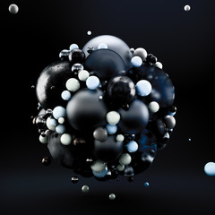 Black abstract background with geometric shapes from balls. 3d illustration, 3d rendering.