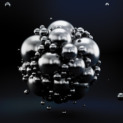 Black abstract background with geometric shapes from balls. 3d illustration, 3d rendering.