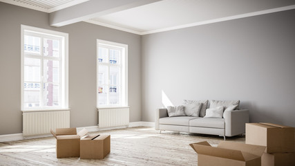 3D rendering von leerem Raum oder Zimmer einer hellen aber teuren Wohnung in Innenstadt mit Umzugskartons und Couch oder Sofa beim Umzug zum mieten oder kaufen bei Tageslicht