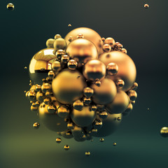 Gold gray background with balls, geometry, abstraction. 3d illustration, 3d rendering.