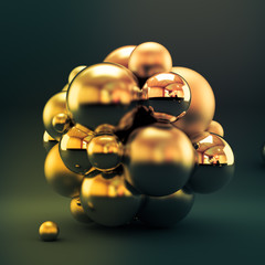 Gold gray background with balls, geometry, abstraction. 3d illustration, 3d rendering.