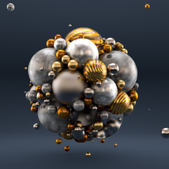 Gold gray background with balls, geometry, abstraction. 3d illustration, 3d rendering.
