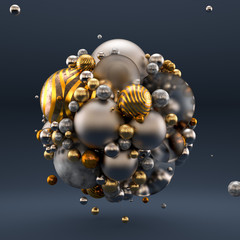 Gold gray background with balls, geometry, abstraction. 3d illustration, 3d rendering.