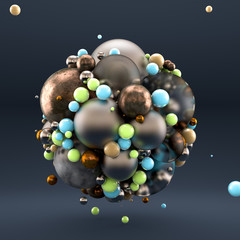 Gold gray background with balls, geometry, abstraction. 3d illustration, 3d rendering.