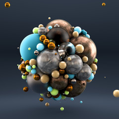 Gold gray background with balls, geometry, abstraction. 3d illustration, 3d rendering.