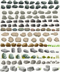 Rock stone set with grass cartoon in flat style. Vector - obrazy, fototapety, plakaty
