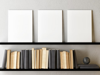 Mock up poster, Books with home decoration, 3d render, 3d illustration © nikolarakic