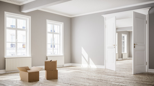 3D rendering von leerem Raum oder Zimmer einer hellen Wohnung in Innenstadt mit Umzugskartons beim Umzug zum mieten oder kaufen bei Tageslicht