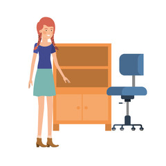 woman with wooden shelving in white background icon