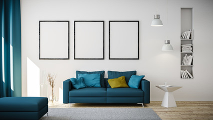 3D Rendering von blauem Couch oder Sofa und leeren Bilderrahmen vor weisser Wand in Raum oder Wohnzimmer einer Wohnung mit modernen Möbeln in minimalistischen Interieur