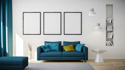 Tapeten 3D Rendering von blauem Couch oder Sofa und leeren Bilderrahmen vor weisser Wand in Raum oder Wohnzimmer einer Wohnung mit modernen Möbeln in minimalistischen Interieur © Bildwerk