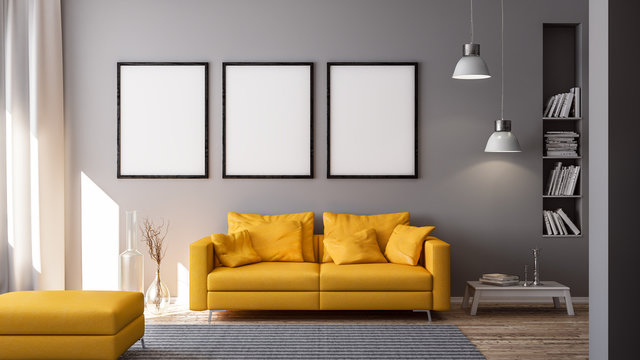 3D Rendering von gelber Couch oder Sofa und leeren Bilderrahmen vor grauer Wand in Raum oder Wohnzimmer einer Wohnung mit modernen M&ouml;beln in minimalistischen Interieur