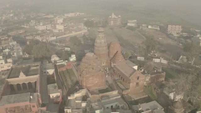 "Madana Mohana" temple in Vrindavan, India, 4k aerial ungraded/flat