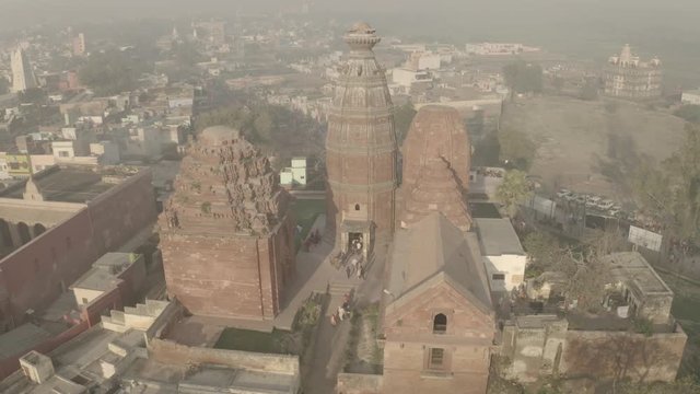 "Madana Mohana" temple in Vrindavan, India, 4k aerial ungraded/flat