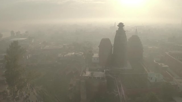 "Madana Mohana" temple in Vrindavan, India, 4k aerial ungraded/flat