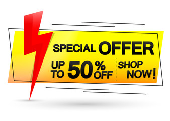 Special Offer, sale banner design template, up to 50% off, flash discount tag, app icon, vector illustration