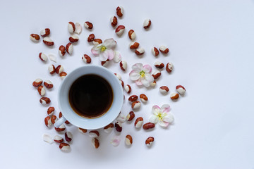 Cup of hot coffee with colorful beans, Phaseolus vulgaris,  and apple blossoms, Malus, on the...