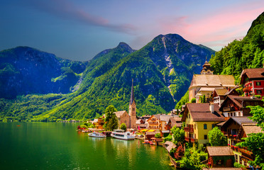 Fantastic view on Hallstatt village and alpine lake, Austrian Alps,  Salzkammergut, Austria, Europe