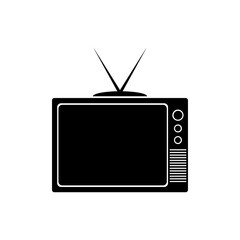 Old black tv with antenna. Black silhouette. Vector drawing. Isolated object on white background. Isolate.