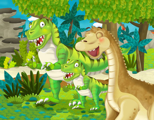 cartoon scene with dinosaur apatosaurus diplodocus brontosaurus with some other dinosaur with his or her child in the jungle - illustration for children © honeyflavour
