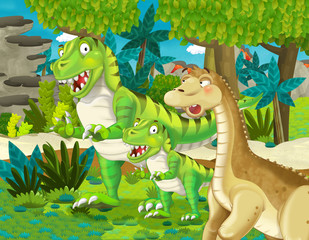 cartoon scene with dinosaur apatosaurus diplodocus brontosaurus with some other dinosaur with his or her child in the jungle - illustration for children