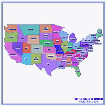 Bright illustration with map of United States of America. Happy America day background. Bright background with map of USA and regions.