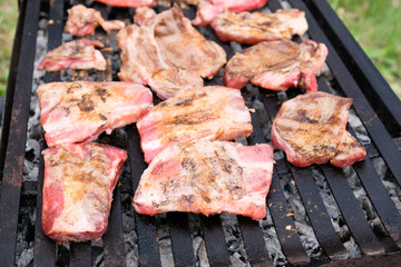 Beef meat on the grill closeup