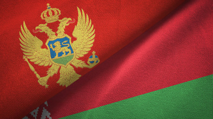 Montenegro and Belarus two flags textile cloth, fabric texture 