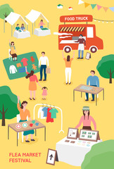 Flea market festival. Poster template for outdoor festival. Flat cartoon colorful vector illustration.