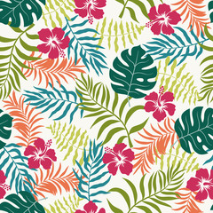 Tropical background with palm leaves. Seamless floral pattern. Summer vector illustration. Flat jungle print