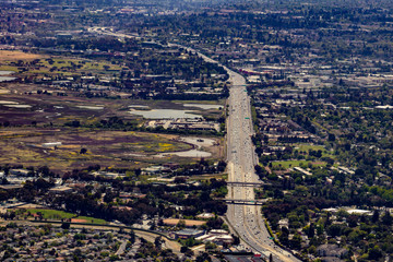 Aerial View of the 101 Freeway Cutting through the City of Palo Alto in Silicon Valley, California, USA