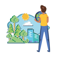 young man with world in eco friendly scene