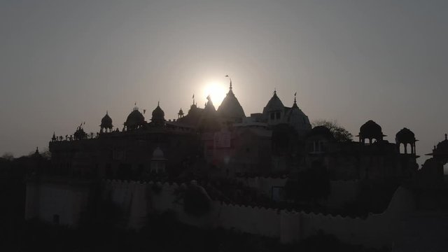 Barsana temple sunset, India 4k aerial drone, ungraded/flat raw footage