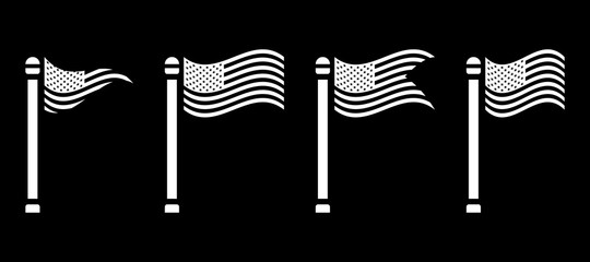 Vintage USA American flag set, white isolated on black background, vector illustration.