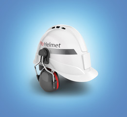 Fototapeta premium Hard hat safety halmet with earmuffs isolated on blue gradient background 3d