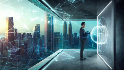 Businessman in suit working with virtual 3d holographic interface screens . Futuristic business, technology, internet and social networking  technology concept .