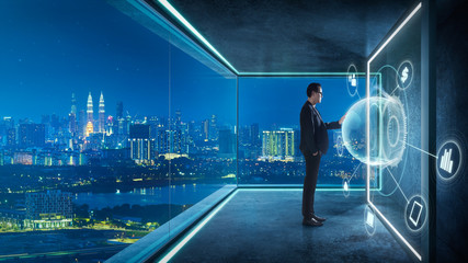 Businessman in suit working with virtual 3d holographic interface screens . Futuristic business, technology, internet and social networking  technology concept .