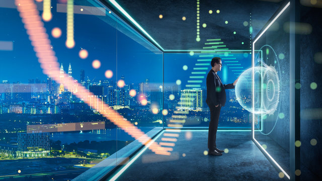 Businessman in suit working with virtual 3d holographic interface screens . Futuristic business, technology, internet and social networking  technology concept .