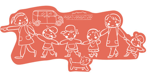 Obraz premium 先生まはた保育士と手をつないでお散歩する笑顔の保育園児または幼稚園児 単色